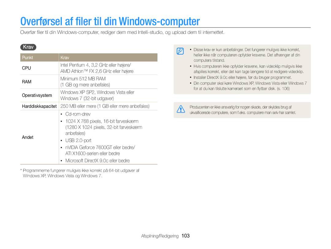 Samsung EC-MV800ZBPBE2 manual Overførsel af filer til din Windows-computer, Krav , Punkt Krav 